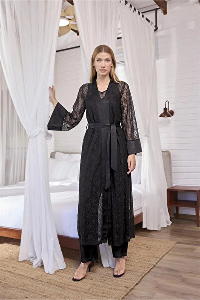 SS HOME CONCEPT Long Sleeve Lace and Belted Dressing Gown