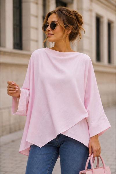 GLOW MUSE Poncho kimono cu mâneci liliac și nasturi pe umăr - Pudra
