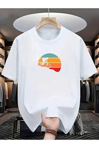 25W White Short-Sleeve T-Shirt Featuring Cyclist Against A Gradient Backgroun...