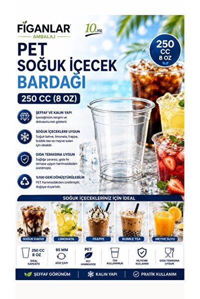 figanlar ambalaj 250 cc 8 Oz PET Plastik Soğuk İçecek Bardağı Şeffaf 95 mm 10...