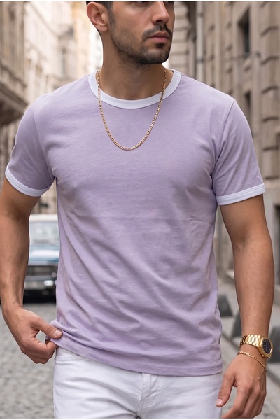 Teenage Millionaire تي شيرت رجالي بلون أرجواني، ياقة دائرية، أكمام مزينة، تي ...
