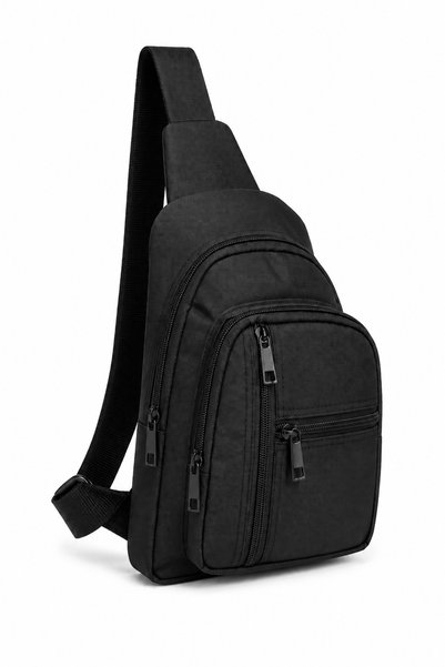 By Sabit Black Crossbody Chest Bag Waterproof Fabric 5 Zippers Multiple Compartments Adjustable Strap