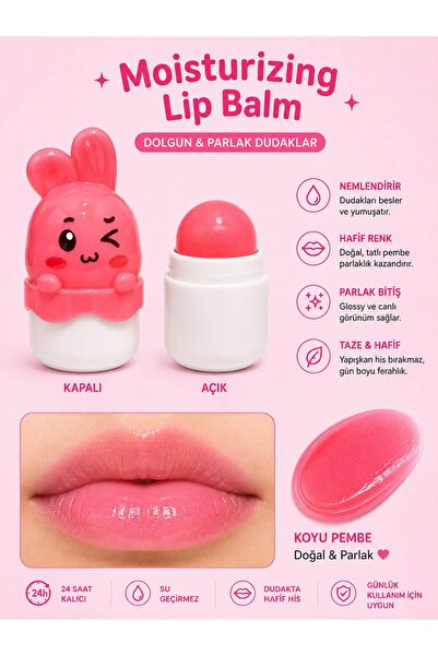 NUNUKO Tavşan Lip Balm-Pembe Renk Veren Dudak Nemlendirici-Gloss Etkili Moist...