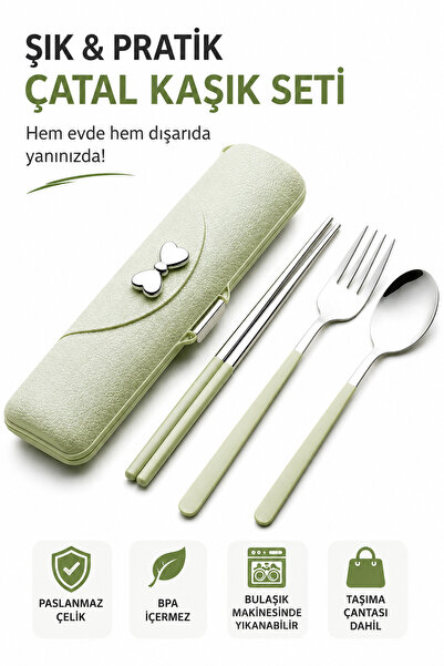 jojobebek Taşıma Kutulu Paslanmaz Çelik Çatal Kaşık Çubuk Seti | Seyahat, Ofi...