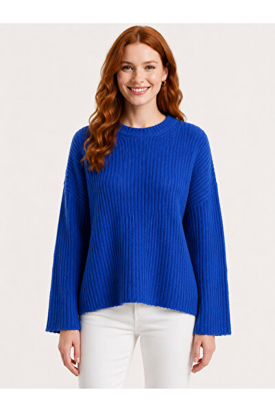 Neden Tekstil Women's Blue Knitwear Round Neck Thick Sweater