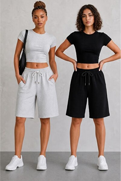 BERYY MODA Pantaloni scurți negri și gri pentru femei, cu talie înaltă, cu și...