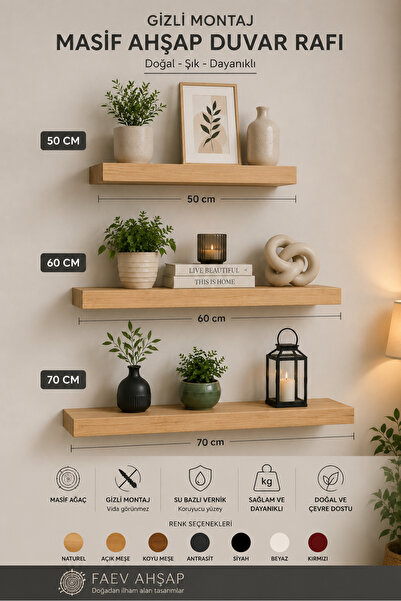 Faev 3'lü Gizli Montaj Masif Ahşap Duvar Rafı 50-60-70 cm | Dekoratif Yüzer R...