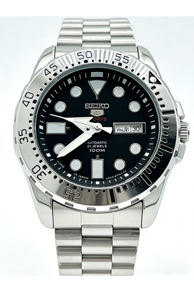 Seiko 5 SNZF47J1 Men’s Automatic Diver Style Watch, Black Luminous Dial Rotat...