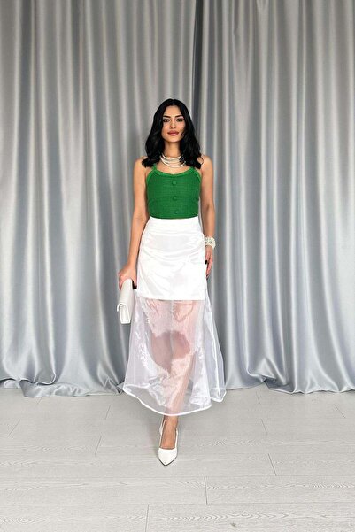 Clothes Fast Women's White Atlas and Organza Detailed High Waist Zippered Max...