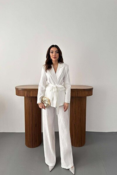 Clothes Fast Women's Ecru Top and Bottom Set Belted Jacket Trousers Set Shiny...