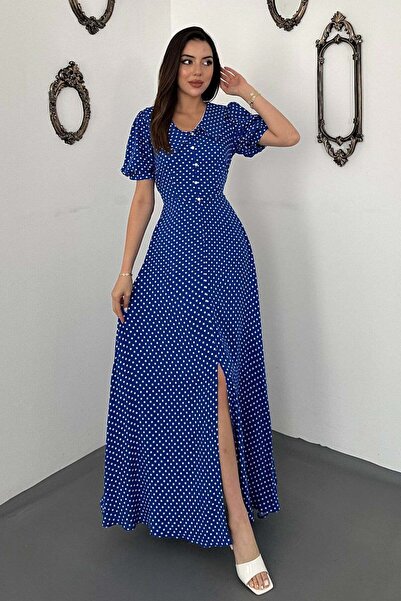 Clothes Fast Women's Saks Polka Dot V-Neck Buttoned Short Sleeve Slit Flared ...