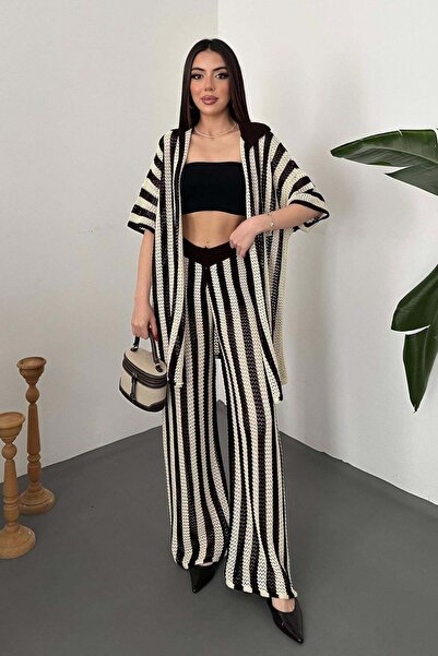 Moda Days طقم بنطلون كارديجان نسائي مخطط باللون البني بأكمام قصيرة مفتوحة من ...