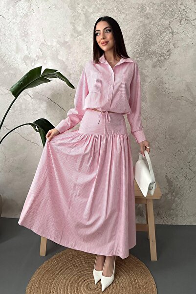 Moda Days Women's Red Shirt-Skirt Set Striped Shirt Skirt Set Shirt Collar Bu...