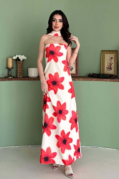 Clothes Fast فستان ماكسي نسائي أصفر بدون حمالات مع وشاح بنقشة زهور على شكل حرف A