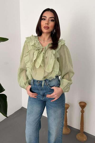 Clothes Fast بلوزة نسائية منسوجة بأكمام بالون وياقة على شكل حرف V مع تفاصيل ك...
