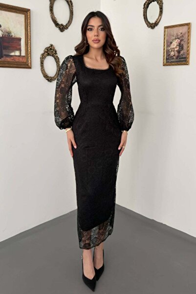 Clothes Fast Women's Black Lace Dress Square Neck Balloon Sleeves Lined Bodyc...