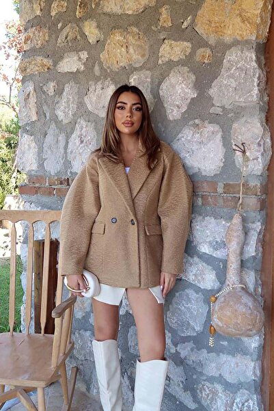Clothes Fast Women's Camel Short Double-Breasted Coat with Two Buttons, Lined...