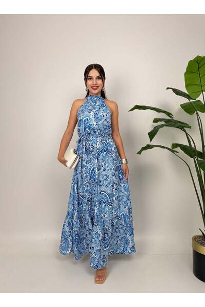 Clothes Fast Women's Blue - Blue Belted Halter Neck Sleeveless Shawl Patterne...