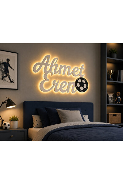 Runc Design Kişiye Özel İsimli Futbol Topu Figürlü Led Işıklı Ahşap Duvar Pan...