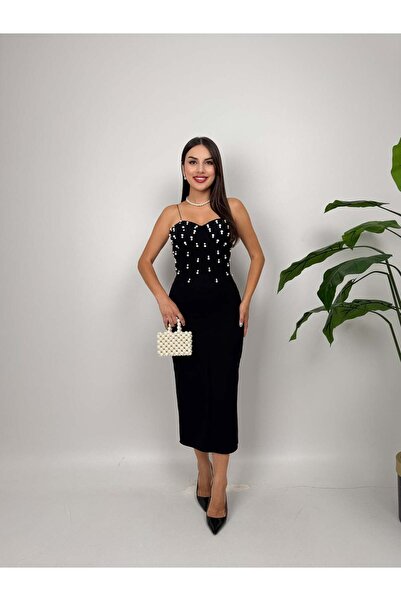 Moda Days Women's Black - Black Slim-Fit Midi Dress with Thin Straps and Ston...