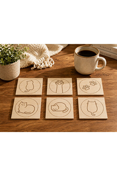 t tun's woods Set of 6 Cat-Themed Wooden Coasters – 9X9 cm Laser Engraved