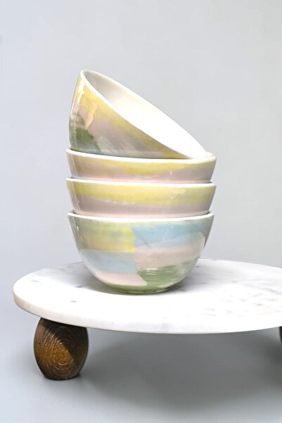 Sonmez Art Set of 4 Handmade Ceramic Bowls – Pastel Patterned Bowls for Break...