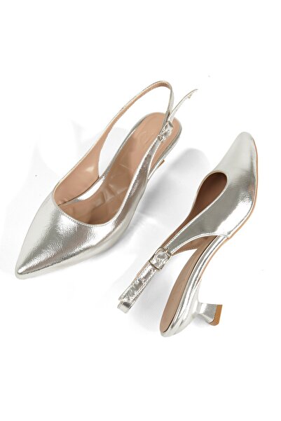 Modabuymus Silver Lame Very Short Heeled Stiletto Pointed Toe Kitten Evening ...