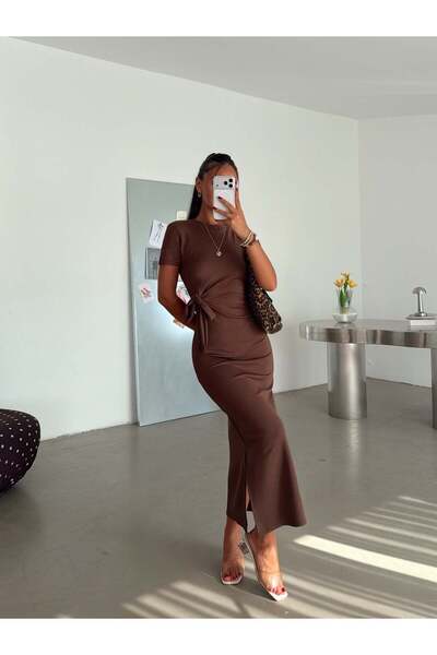 myd Knotted Side Slit Dress - Brown