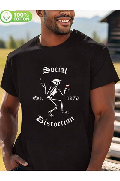 9JY تي شيرت رجالي بطبعة Social Distortion |   تصميم هيكل عظمي أسود بنسبة 100%...