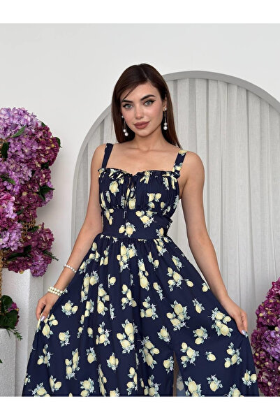 Moda Days Women's Patterned Floral Strap Gathered Collar Slit Midi Dress