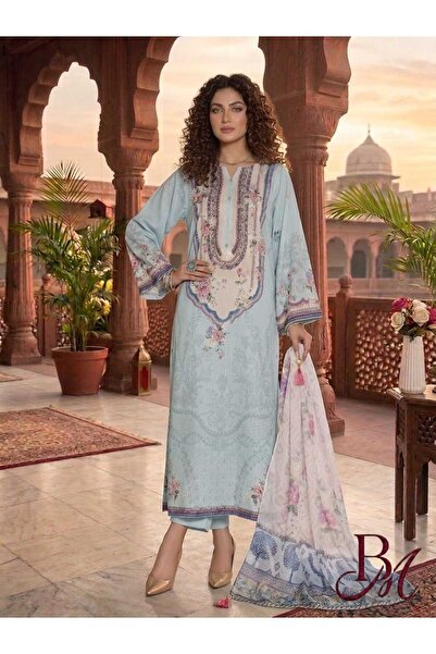Bazm-A Fashion Atelier Breeze Blue Kurti/Kaftan-Trouser-Stole 3 pcs Set