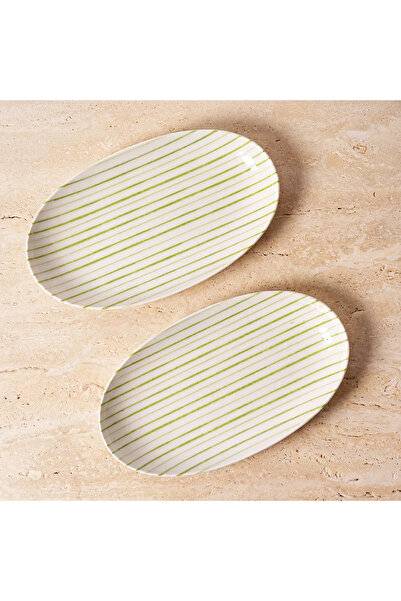 Güral Porselen Green Line Patterned Ellipse 2-Piece 25 cm Porcelain Kayak Plate