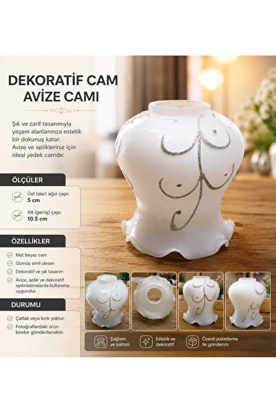Dekoratif Beyaz Avize Camı Yedek Cam Fanus | Mat Cam | Simli Desen | 5 cm Ağız Çapı | Aplik ve Avize Uyumlu