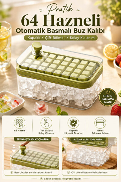 Anadolu Saray 64 Hazneli Otomatik Basmalı Kapaklı Buz Kalıbı ve Saklama Kutus...