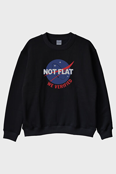 lofux Black Crew Neck Sweatshirt with'Not Flat - We Verified' That Combines S...