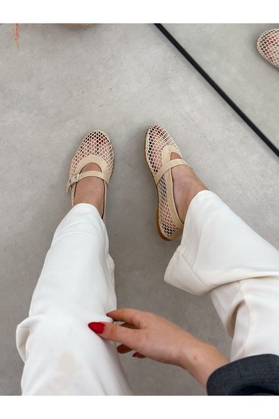 ERVANIN BUTİĞİ Beige Mesh (Zaylee) Buckle Detail Women's Ballerinas