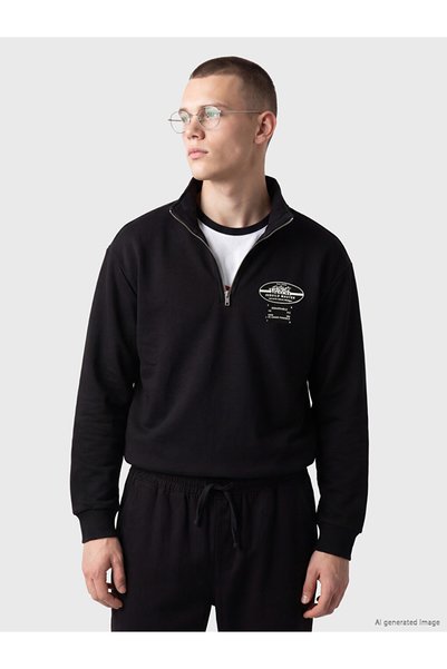 LC Waikiki Ozmarka New Season Black Zippered Stand Collar Printed Men's Sweat...