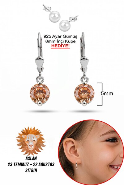 klas gümüş 925 Ayar Gümüş Çocuk Küpesi | 5 mm Sitrin Taşlı Sallantılı Küpe | ...