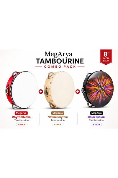 MegArya 8 Inch Tambourine Combo Pack (3-Piece Set) – RhythmNova + Nature Rhyt...