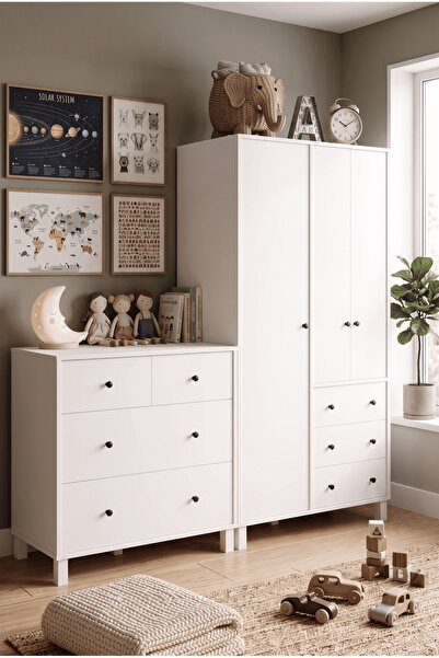 Robin Home Lena Bebek Çocuk Odası Takımı 4 Çekmeceli Geniş Şifonyer ve Gardro...