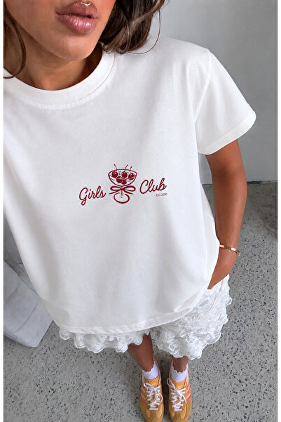 Genel Markalar Girls Club Basic Beyaz Baskılı Kadın Tişört