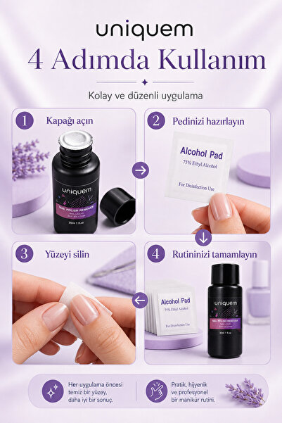 Uniquem Yapışkan Tabaka Temizleyici Kalıcı Oje Protez Tırnak Jel Kat Temizleme Cleanser Alcohol Pedli 30 ML