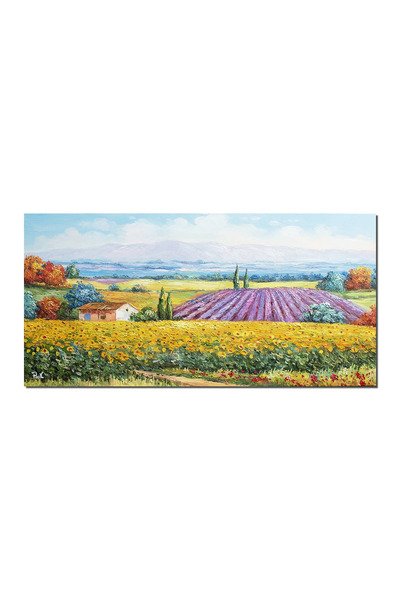 artnova Tablou living 120x60cm peisaj cu floarea soarelui si lavanda pictat m...