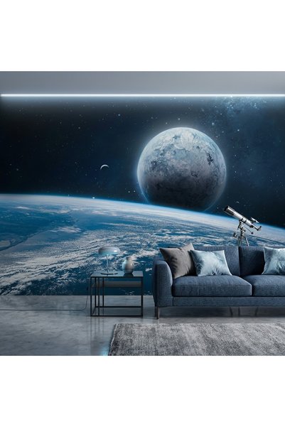 DecorDrive Uzaydan Mavi Dünya ve Ay Manzaralı Duvar Kağıdı