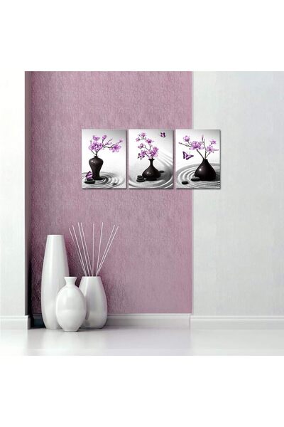 HOME MODE 30x40 cm 3 Panel Gallery Wrapped Canvas | Purple Orchid Zen Wall Ar...