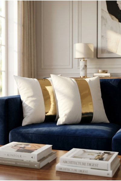 Rayda Home Off-White/Gold Leather Detailed Decorative Throw Pillow Cover