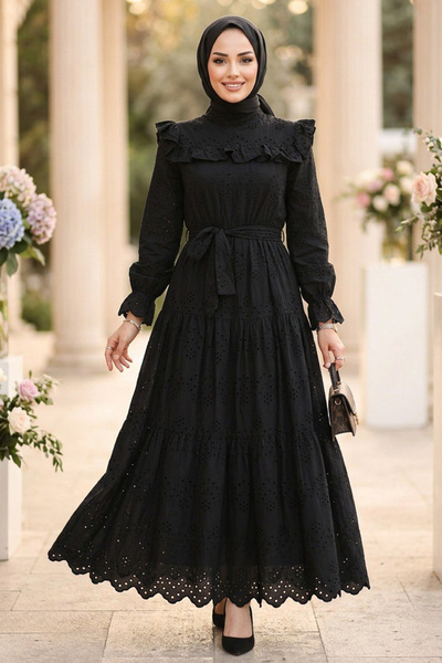 Neva Style Drapeli Belted Fisto Black Hijab Double Set 50071S