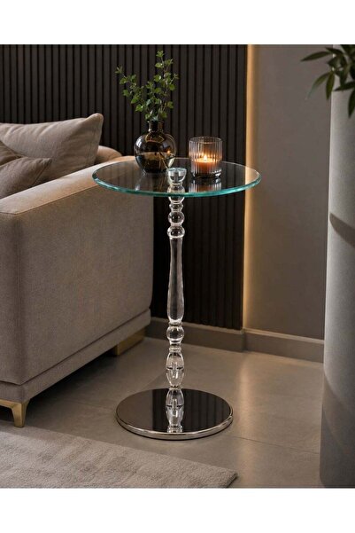 N.zone طاولة جانبية زجاجية فاخرة بتصميم عصري شفاف مع قاعدة معدنية كروم لامعة ...