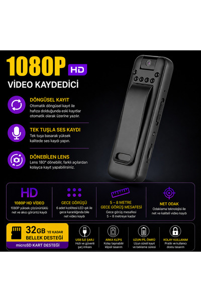 AteşTech 1080P HD Gece Görüşlü Mini Cep Kamerası Yaka Kamerası Video ve Ses Kaydedici 180° Dönebilen Lens 32GB Kart Destekli