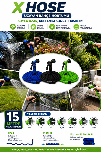 VELLESERAY'S HOME XHOSE Uzayan Bahçe Hortumu 15 Metre (50 FT) – 7 Modlu Sulam...